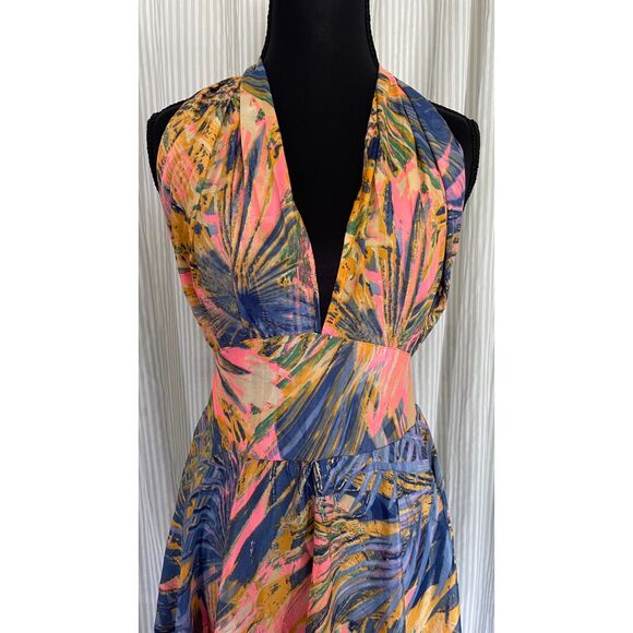 Women Multicolor Silk Halter Dress Sz Small Mini Resort Wear Summer Flirty Boho - Picture 4 of 8